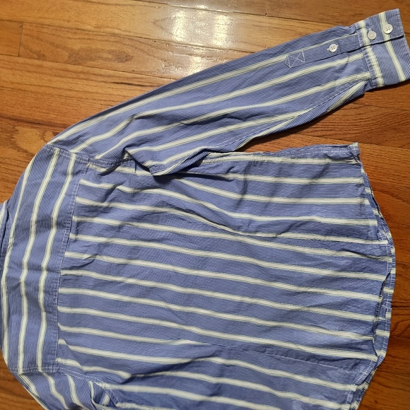 L.L.Bean Button Down Blouse, Women's Medium, Blue, Green, White Stripe/Dots - Picture 10 of 10